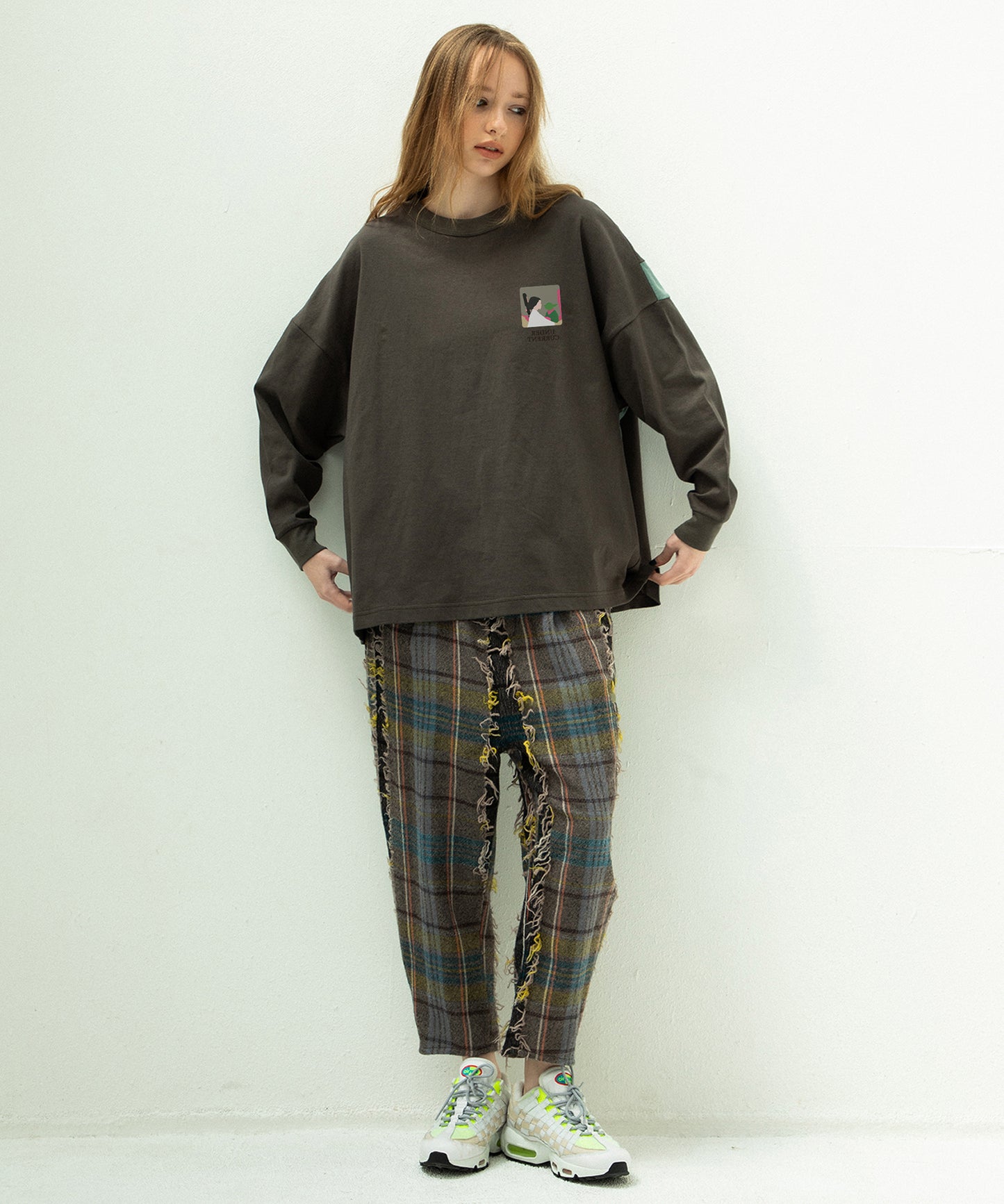 FRINGE WOOL CHECK WIDE SLACKS