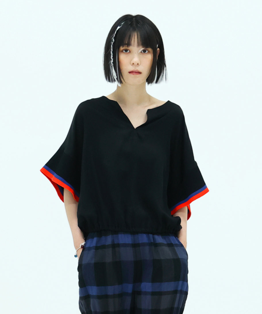 Rib sleeve short blouse