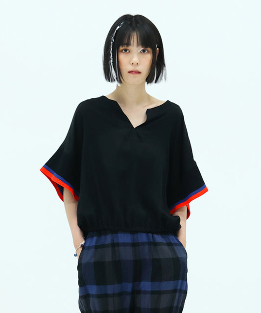 Rib sleeve short blouse